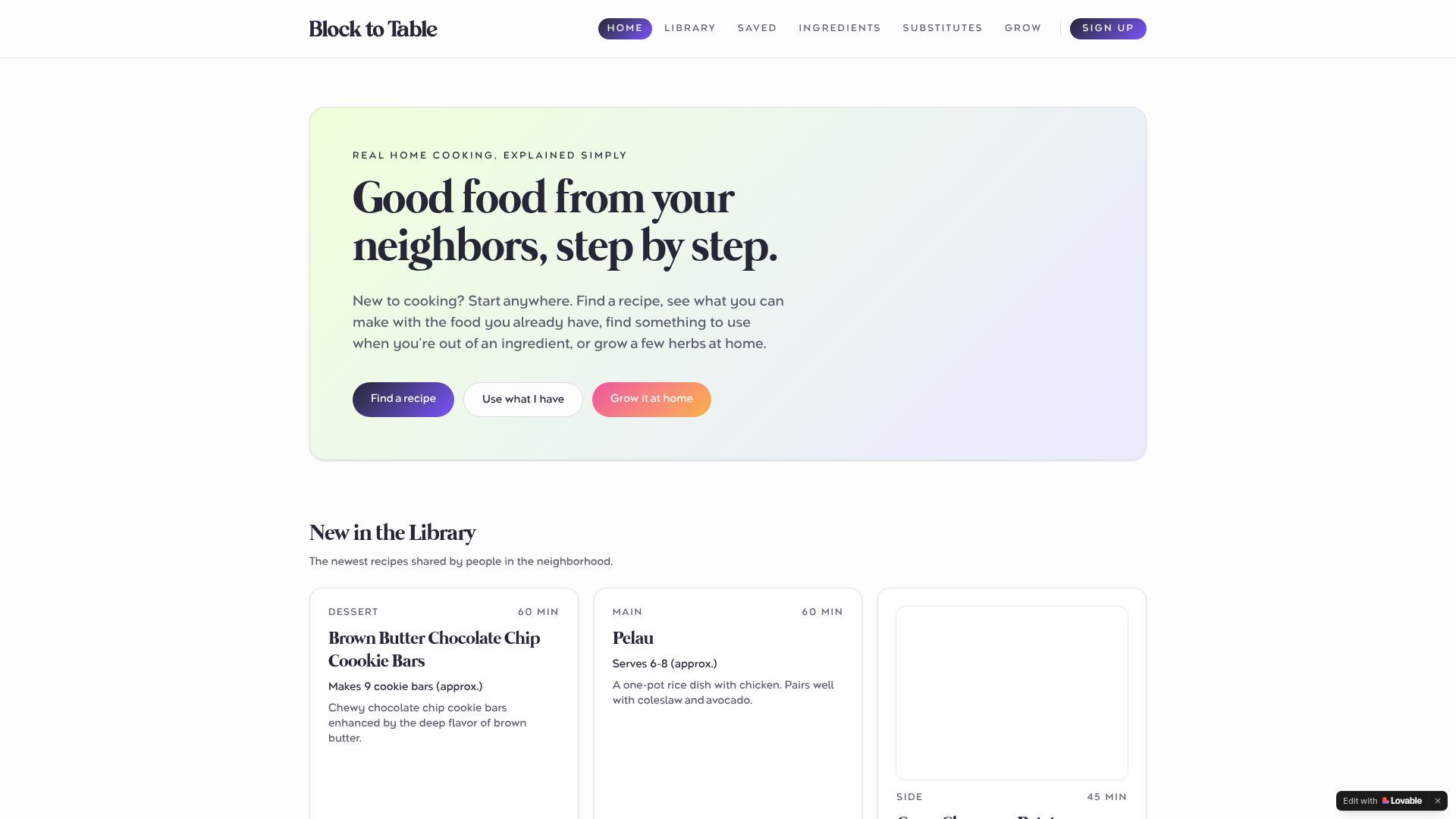 Live snapshot of the Block to Table recipe library homepage, showing neighborhood recipe cards and the site's main navigation
